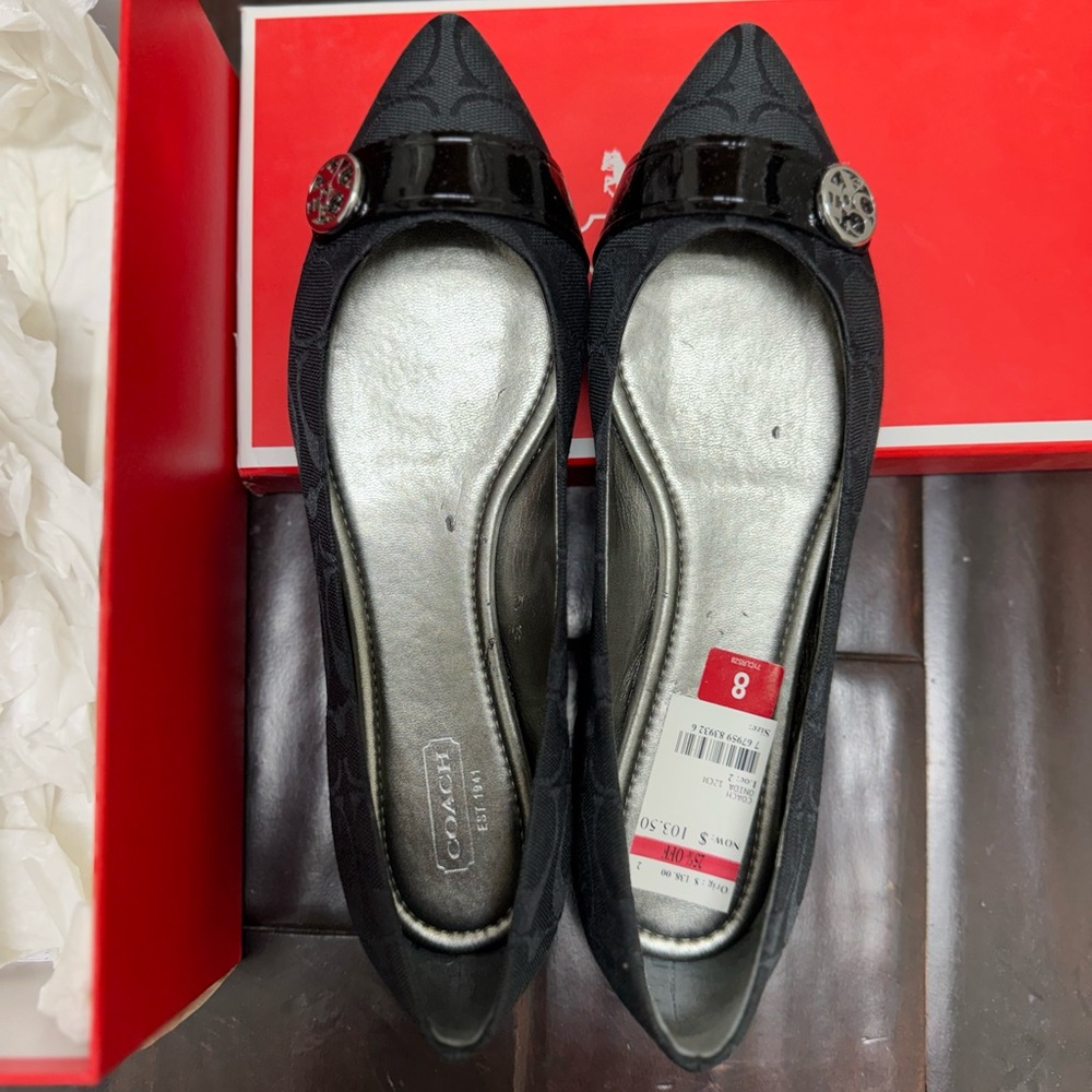 Coach Black Pointed-Toe Flats with Silver Accents